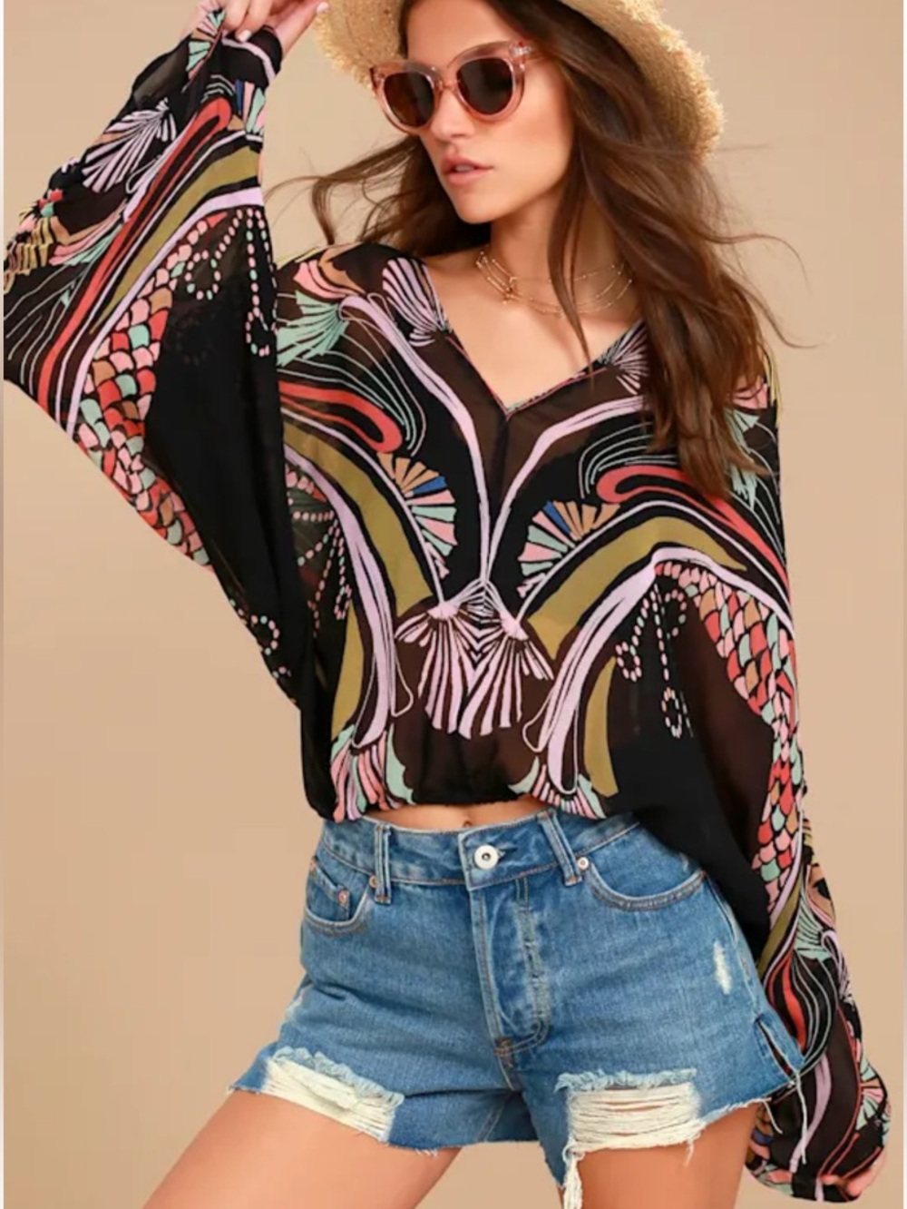 Free People Beneath the Sea Black Print Top